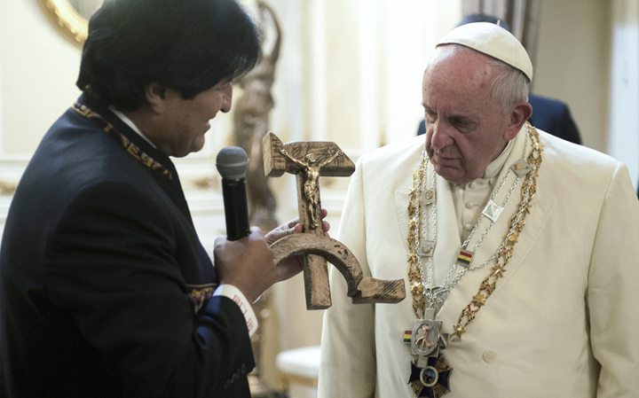 Pope Francis Surprised by Hammer and Sickle Crucif