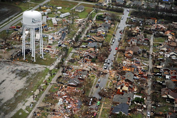 Sunday, December 27, 2015 shows the path of a tornado in Rowlett, Texas