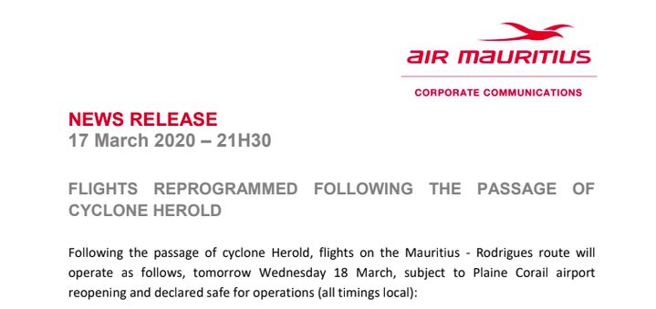 Cyclone Herold: les vols sur Rodrigues reprogrammé