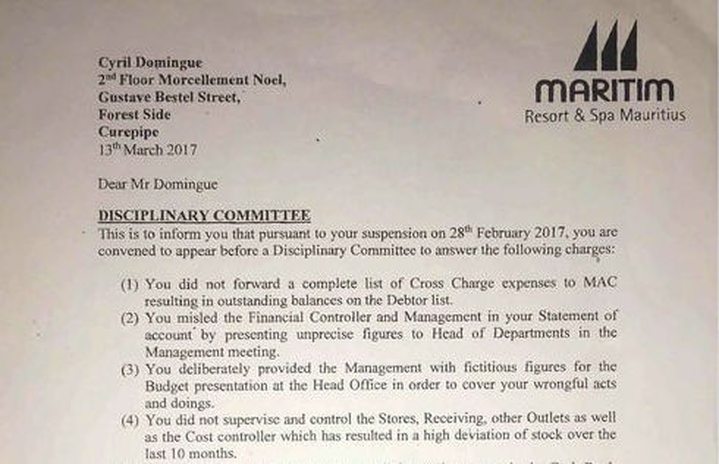Extrait de la lettre de suspension de l’ancien comptable, datée du 13 mars 2017