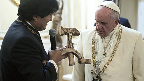 Pope Francis Surprised by Hammer and Sickle Crucifix
