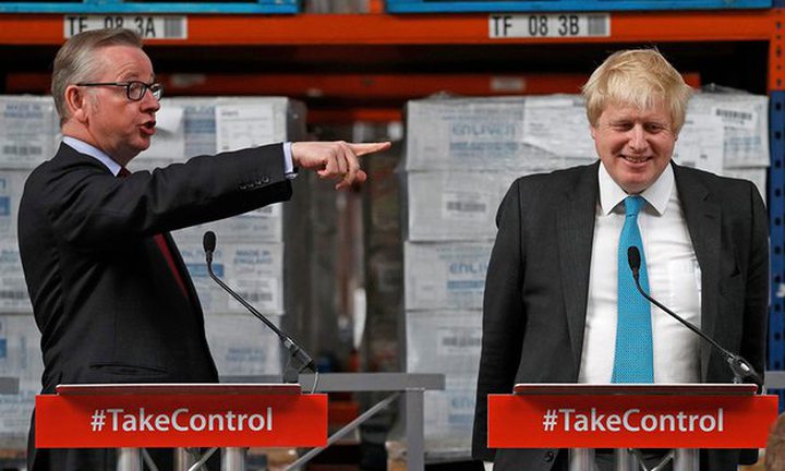 Michael Gove (left) and Boris Johnson at the Vote Leave event in Stratford