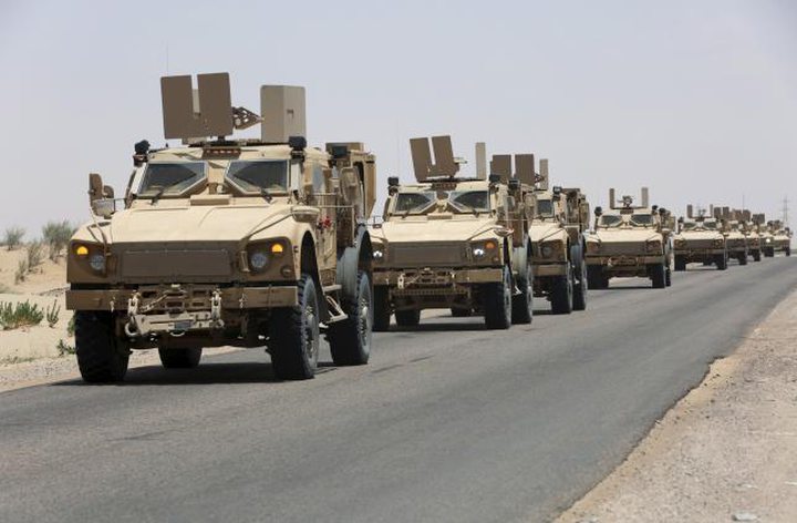 Military vehicles carrying Gulf Arab soldiers arrive at Yemen's northern province of Marib 