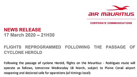 Cyclone Herold: les vols sur Rodrigues reprogrammés