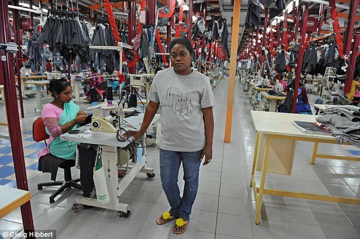 Migrant worker Primerose Marcelin, 37, at one of the T-shirt firm's factories on Indian Ocean