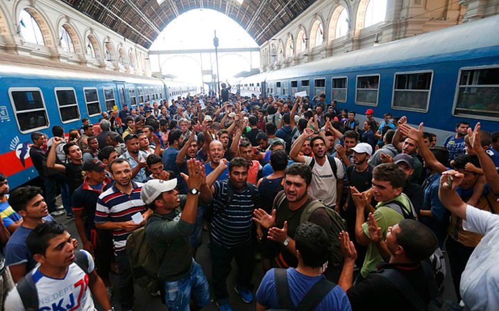 Migrants inside Eastern Railway station in Budapest 