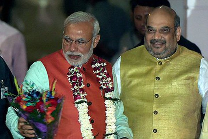 PM Narendra Modi is welcomed by BJP President Amit Shah on his arrival for a Parliamentary board...