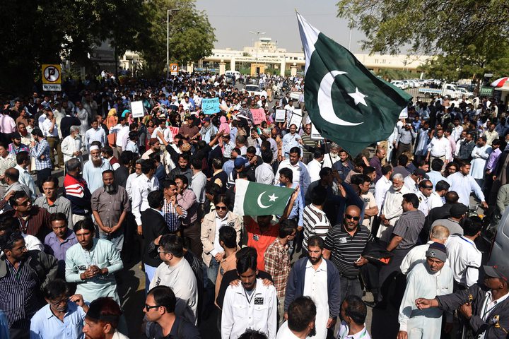 Employees of Pakistan International Airlines march during a protest in Karachi on Feb. 2
