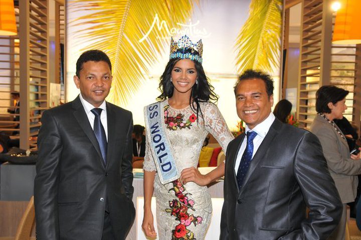 Robert Desvaux Chairman MTPA and Dr. Karl Mootoosamy, Director, MPTA with Miss World at World Travel