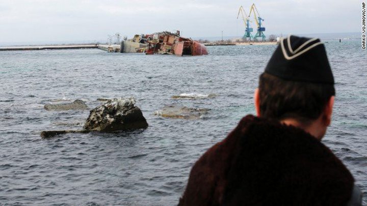decommissioned Russian vessel Ochakov from the Black Sea shore outside the town of Myrnyi, Ukraine