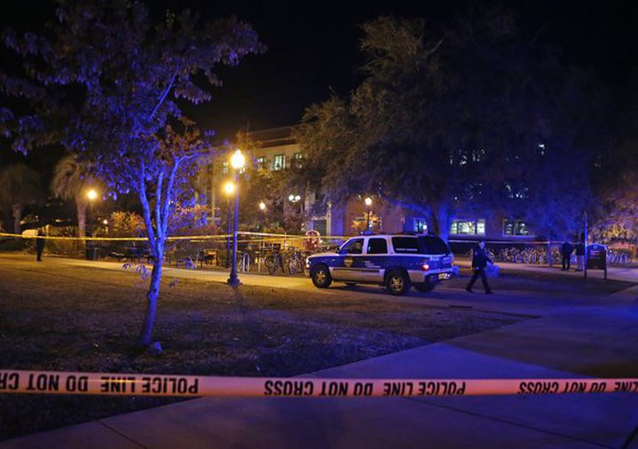 Police officers outside Strozier Library at Florida State University early Thursday.