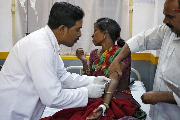 A hospital staff member at Chhattisgarh Institute of Medical Sciences hospital in Bilaspur, India