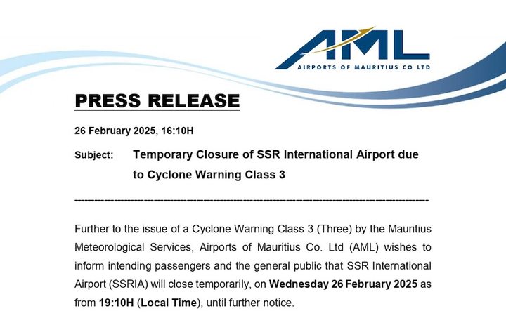 SSR Airport will be closed from 7:10 p.m. this Wednesday following the level 3 cyclone alert