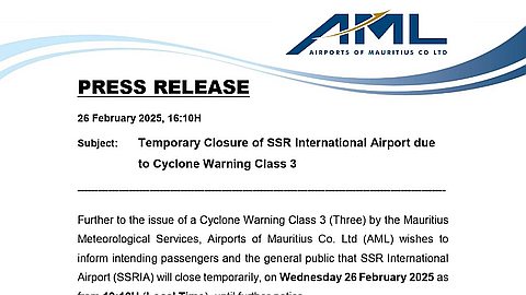 SSR Airport will be closed from 7:10 p.m. this Wednesday following the level 3 cyclone alert.
