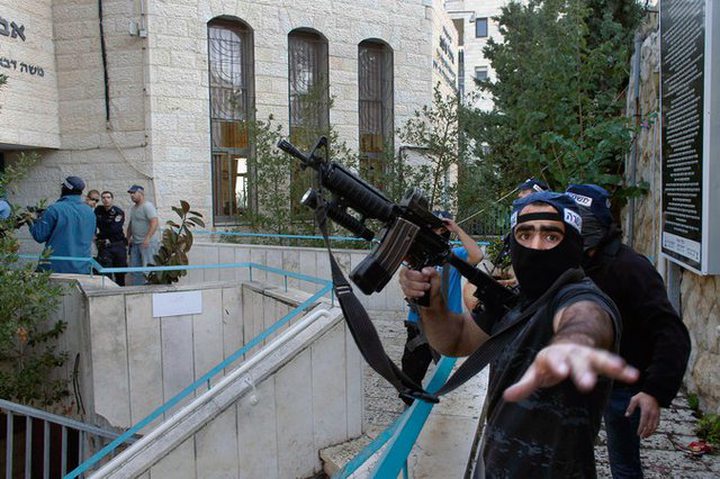 Israeli police at the scene of an attack at a synagogue complex in West Jerusalem on Tuesday morning