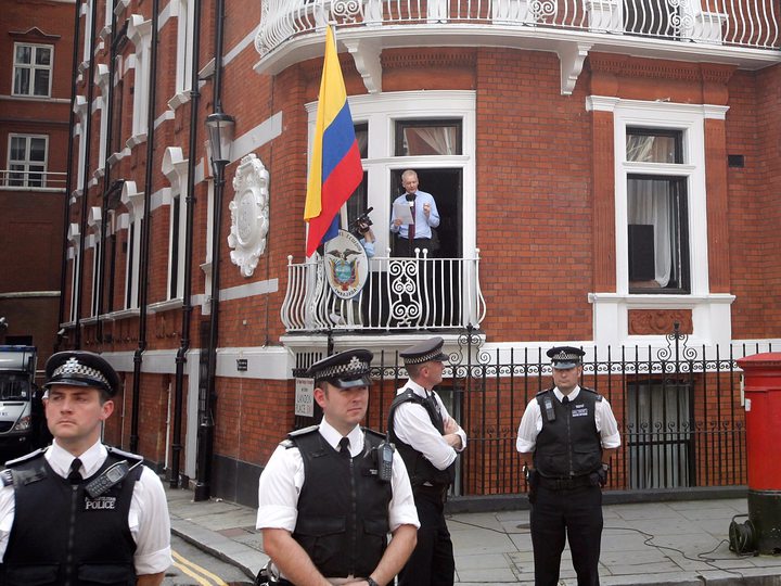 WikiLeaks founder Julian Assange speaks from the balcony of the Ecuador embassy.